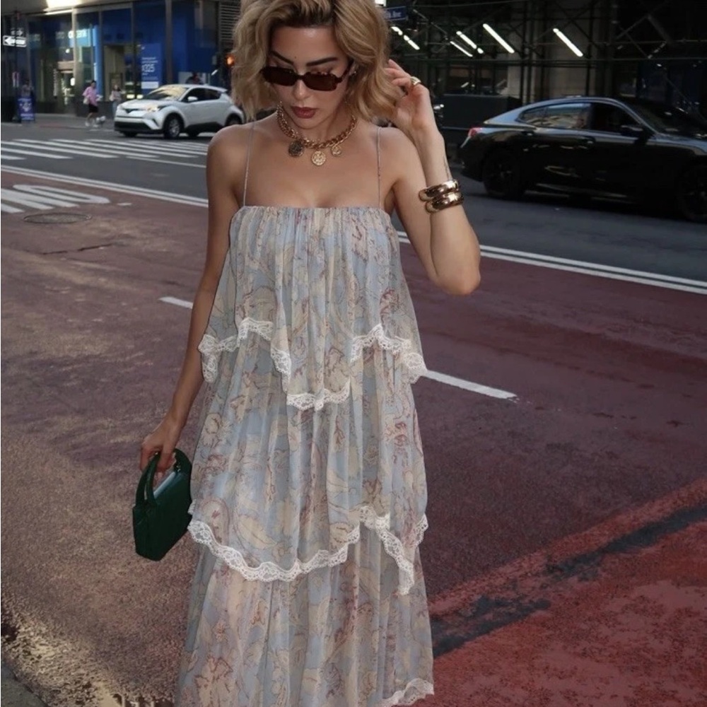 Zara Chiffon Lace Ruffle Print Maxi Dress - Picture 6 of 7